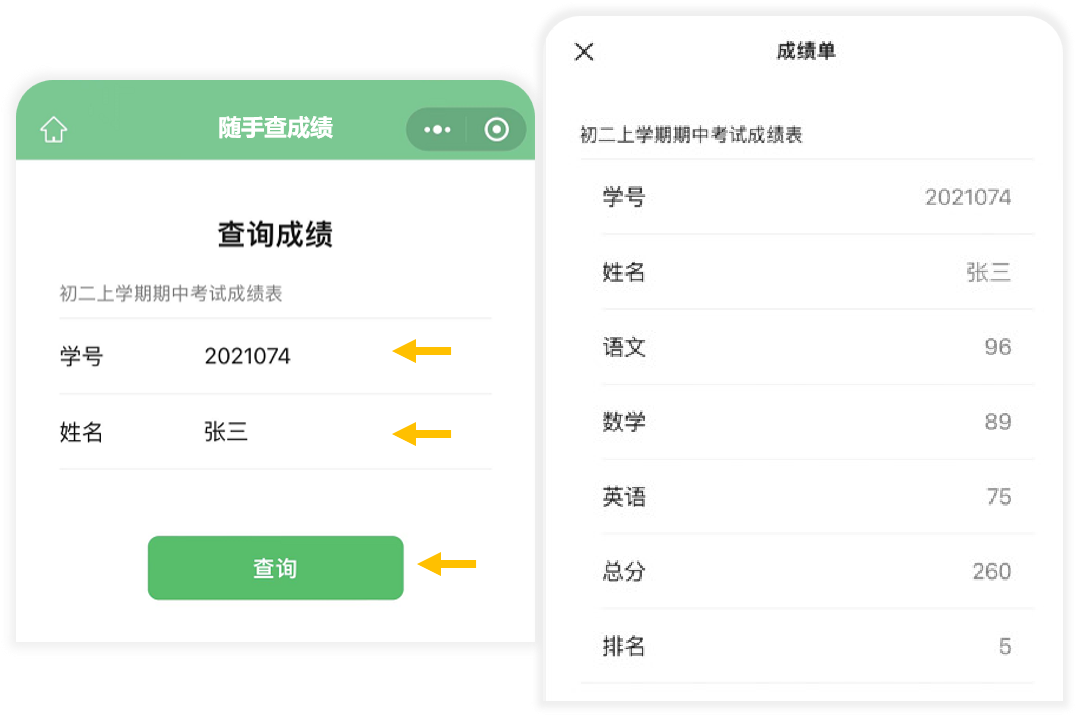 输入学号和姓名后查看个人成绩